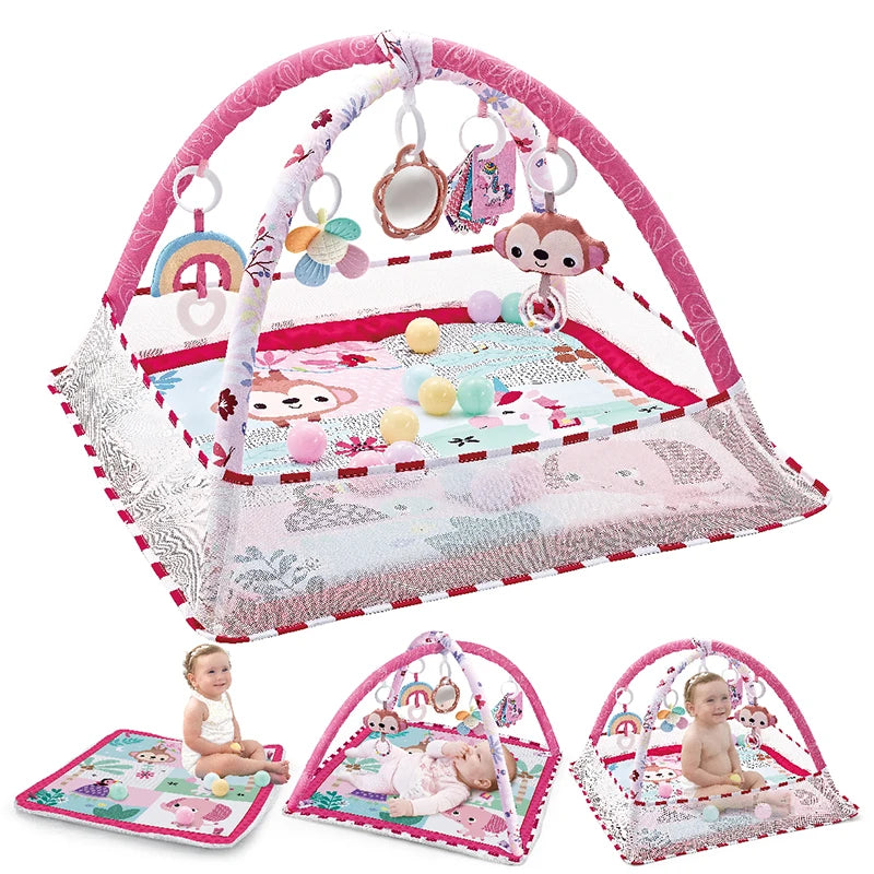 Tapis d’éveil bébé fille rose avec arche de jeu et jouets suspendus sensoriels, sans balles, motifs animaux colorés et surface douce pour l’éveil.