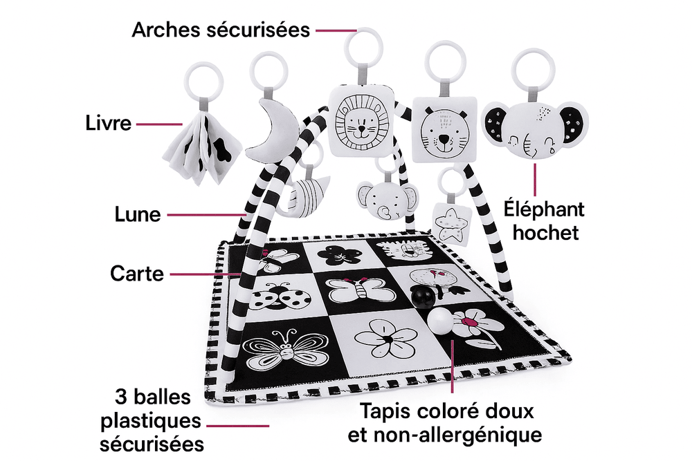 Tapis d’éveil bébé en noir et blanc avec arche, jouets sensoriels suspendus et illustrations d’animaux contrastés