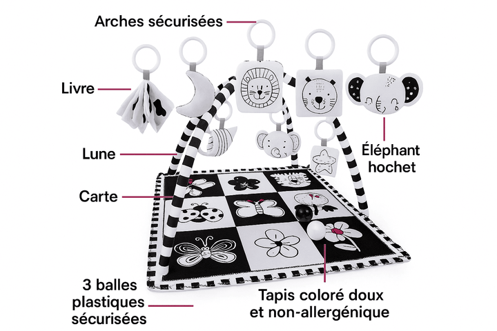 Tapis d’éveil bébé en noir et blanc avec arche, jouets sensoriels suspendus et illustrations d’animaux contrastés