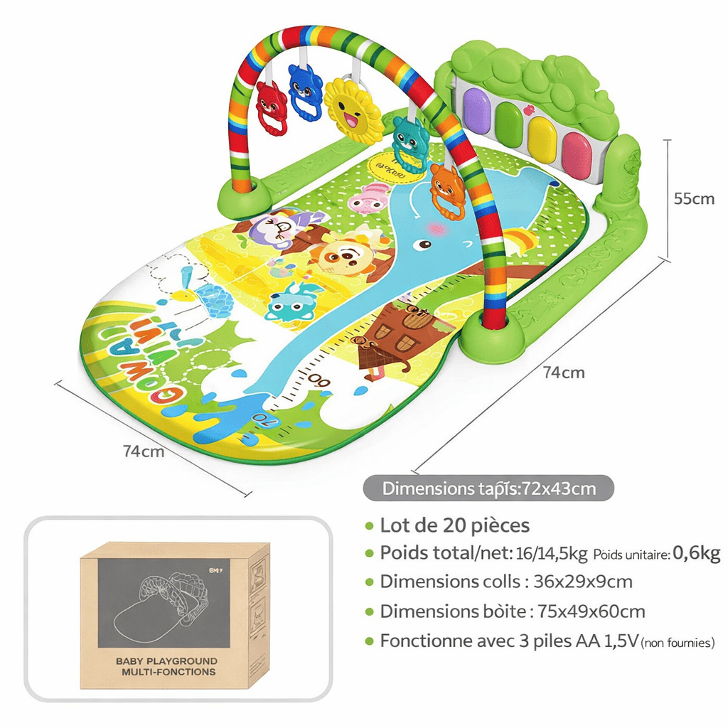 Dimensions et caractéristiques du tapis d’éveil bébé vert interactif