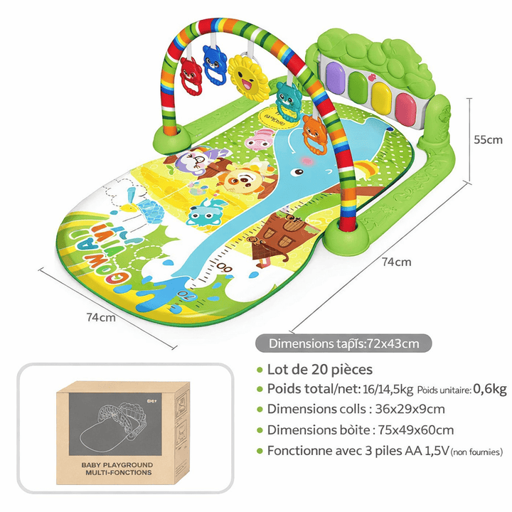Dimensions et caractéristiques du tapis d’éveil bébé vert interactif