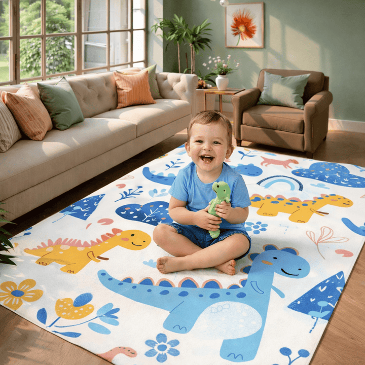 Tapis d’activité bébé dinosaure confortable et sécurisé dans un salon avec bébé souriant assis dessus