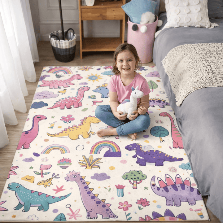 Tapis de jeu bébé dinosaure doux et éducatif dans une chambre d’enfant avec fille assise sur le tapis