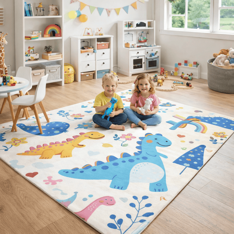 Tapis d’éveil dinosaure antidérapant et confortable dans une salle de jeux avec deux enfants assis et souriants