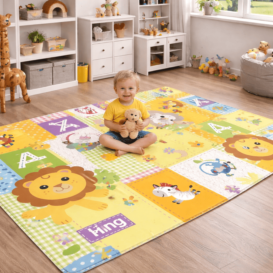 Bébé souriant assis sur tapis d’éveil imperméable coloré dans une salle de jeux sécurisée et lumineuse