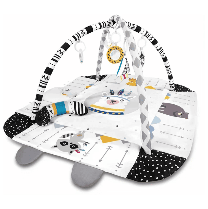 Tapis d’activité bébé noir et blanc avec arche, surface rembourrée et design contrasté