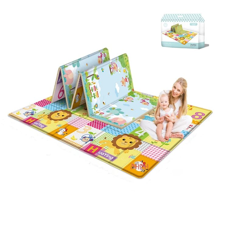 Tapis d’éveil pliable pour bébé 180×100 cm avec motifs éducatifs, animaux colorés et surface douce, idéal pour le jeu et l’éveil.