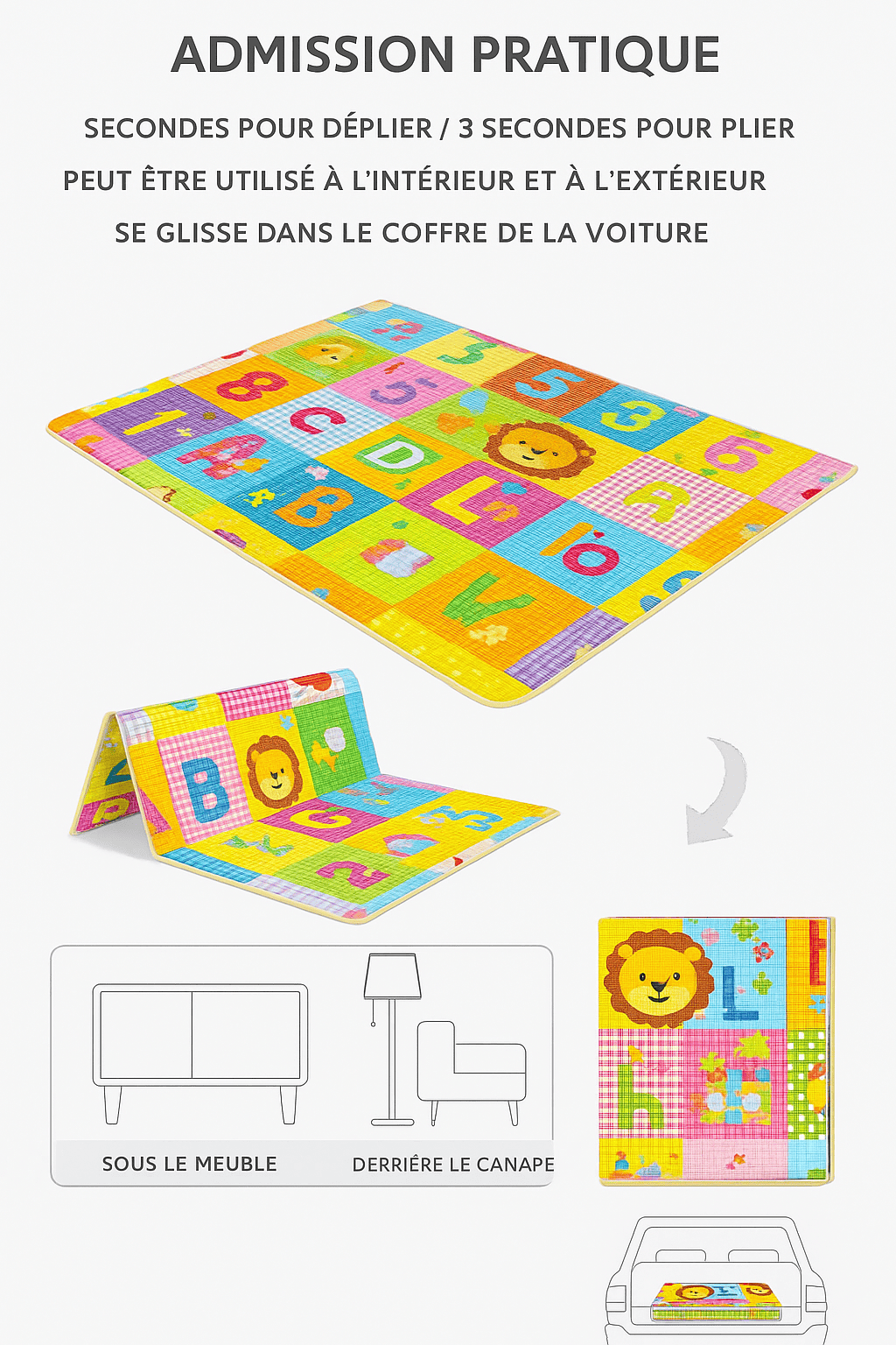 Illustration du tapis d’éveil pliable avec étapes de pliage, utilisation en intérieur/extérieur