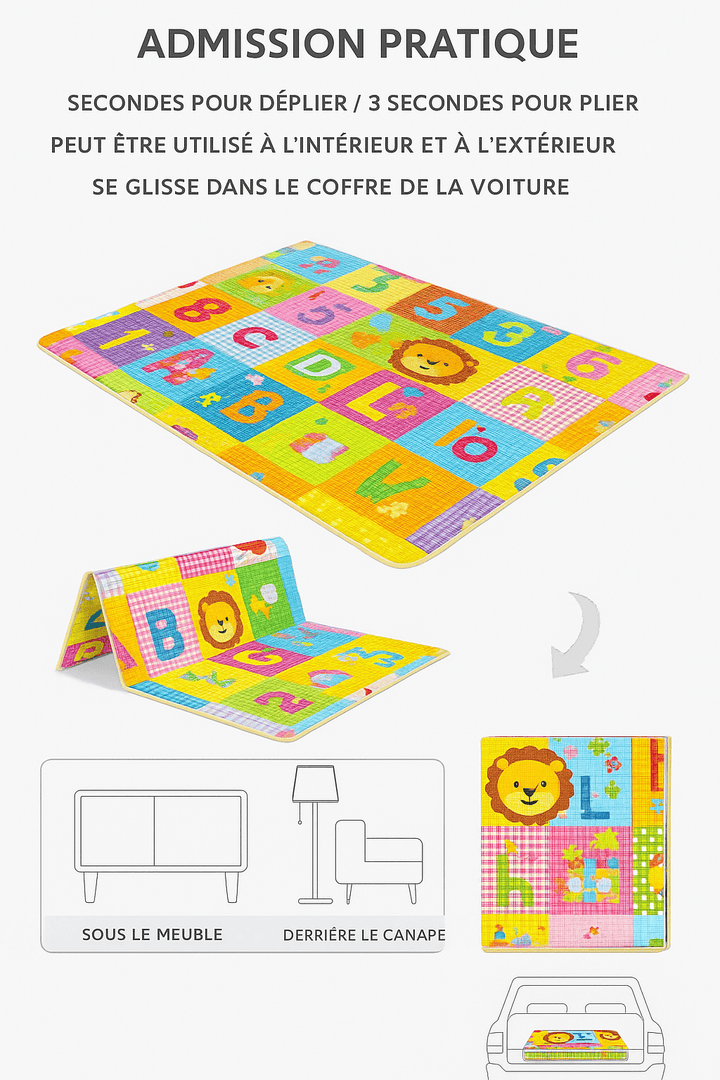 Illustration du tapis d’éveil pliable avec étapes de pliage, utilisation en intérieur/extérieur