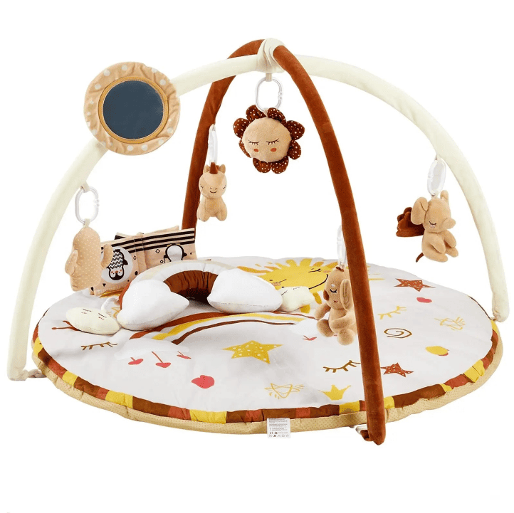 Tapis d’éveil rond pour bébé avec arche et jouets suspendus, espace de jeu doux et sécurisé