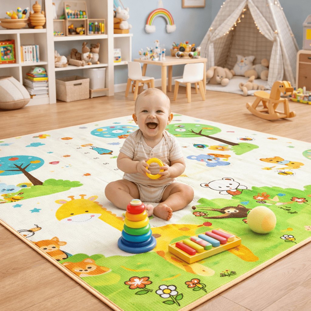 Bébé assis et jouant sur un tapis d’éveil sans arche confortable et coloré dans une salle de jeux