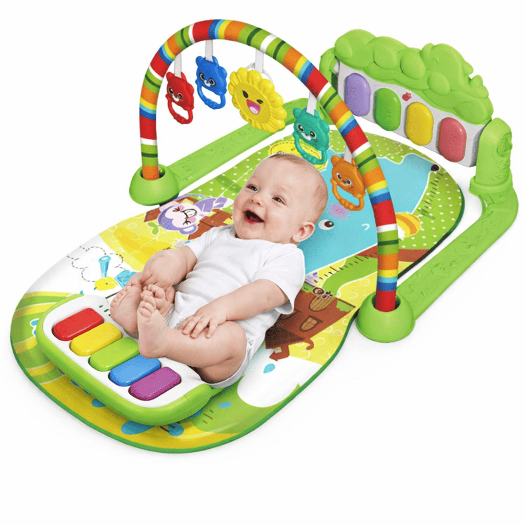 Tapis d’éveil bébé vert musical avec piano et arche de jeux