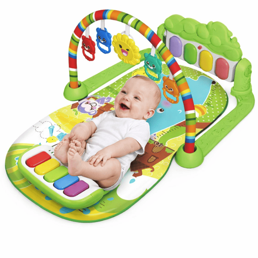 Tapis d’éveil bébé vert musical avec piano et arche de jeux