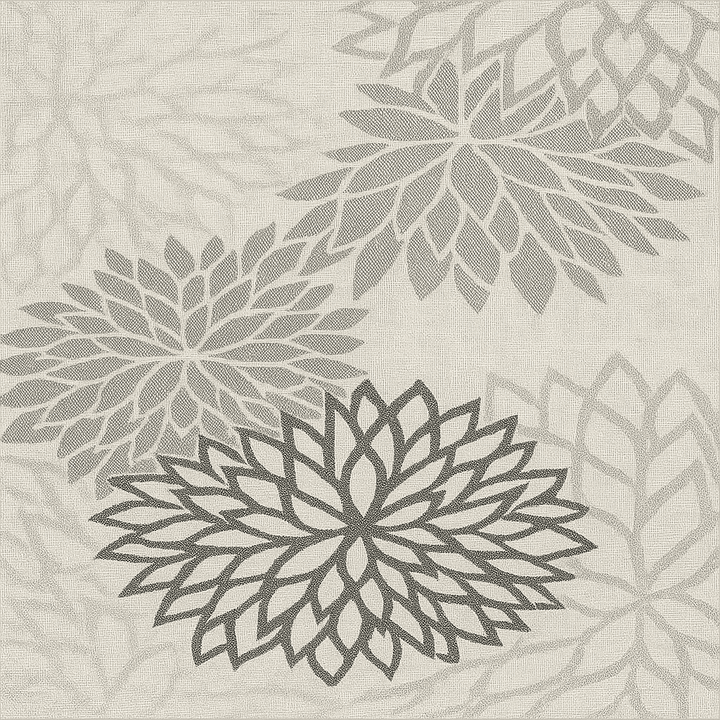 Tapis extérieur balcon à motif floral gris, résistant aux intempéries et antidérapant.