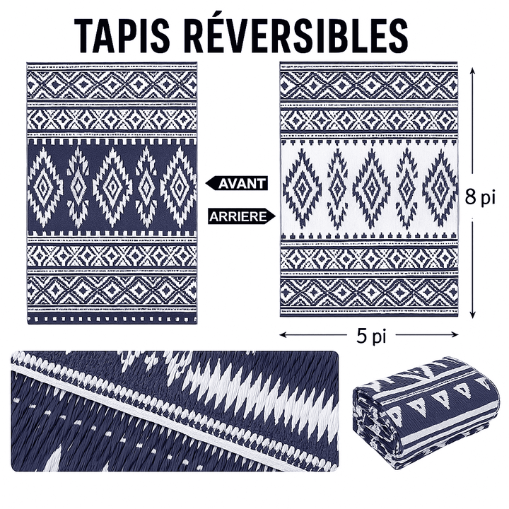 Deux faces d’un tapis d’extérieur réversible bleu et blanc à motifs géométriques