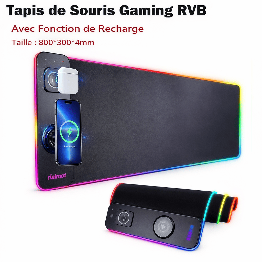 Tapis de souris recharge sans fil RGB avec module chargeur Qi intégré et grand format XXL.