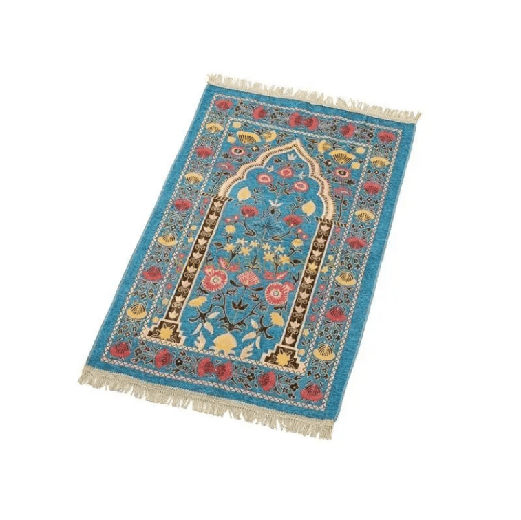 petit tapis islamique bleu avec motifs orientaux colorés et finition soignée