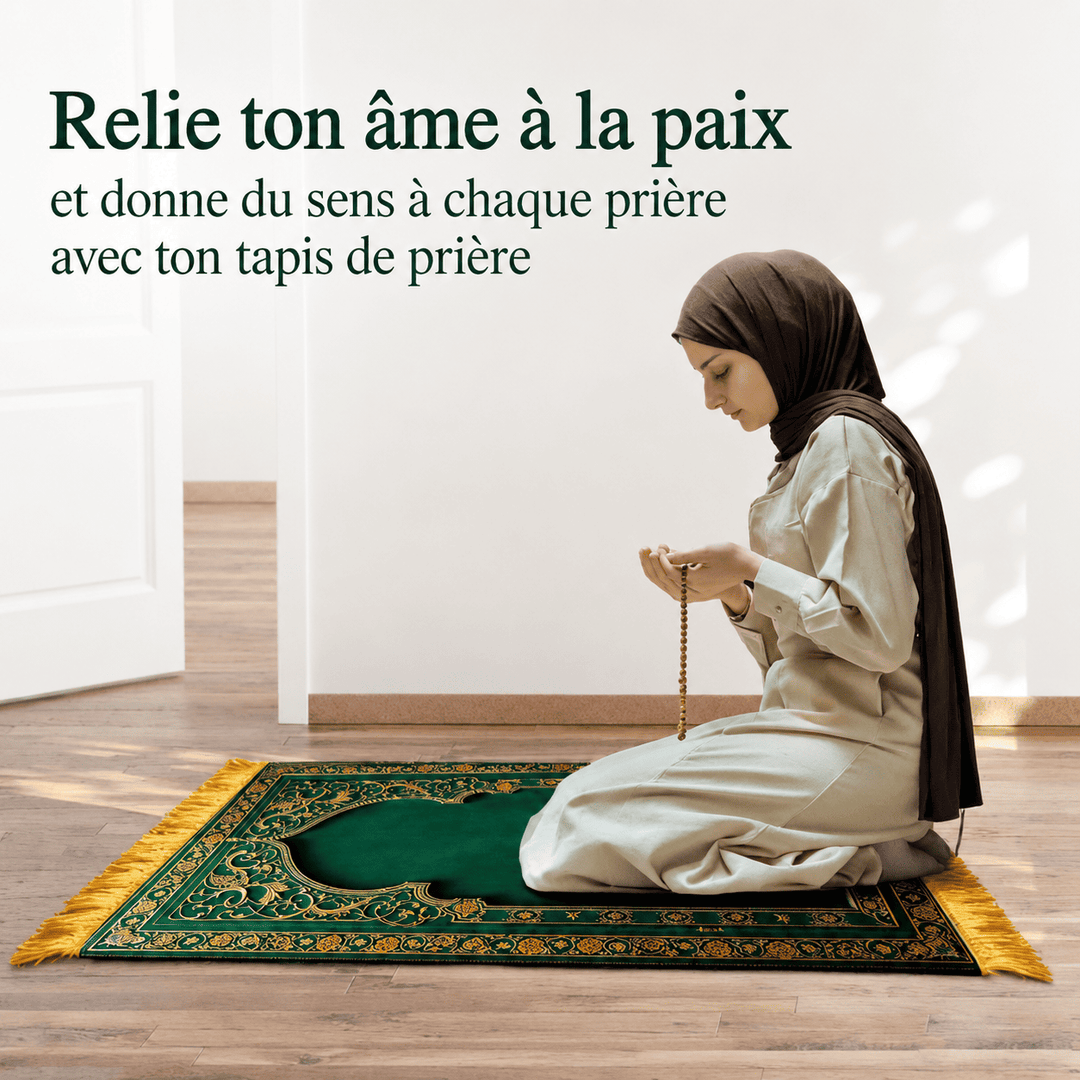 personne en prière sur tapis islamique vert dans un espace calme et lumineux
