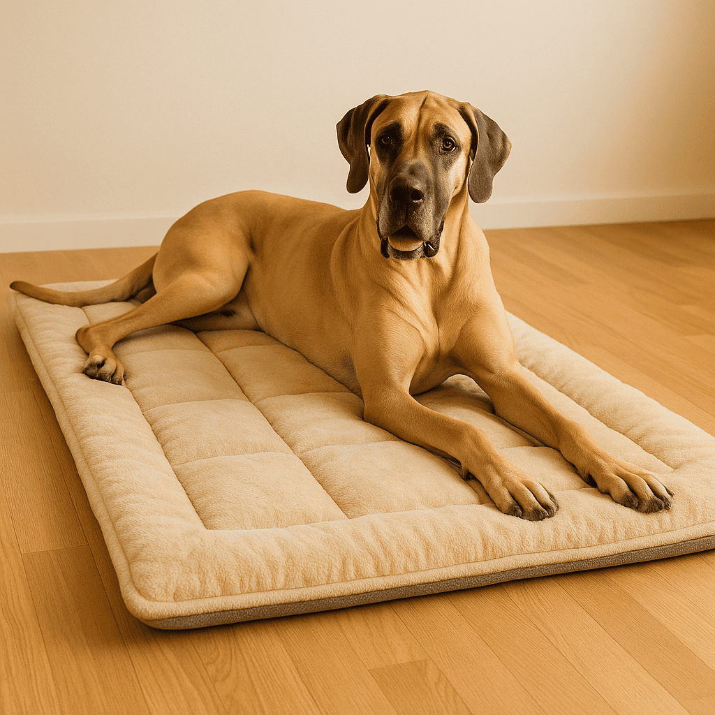 Un Dogue Allemand fauve allongé, détendu et heureux, sur un grand tapis pour chien XXL beige, posé sur un parquet en bois clair dans un intérieur épuré