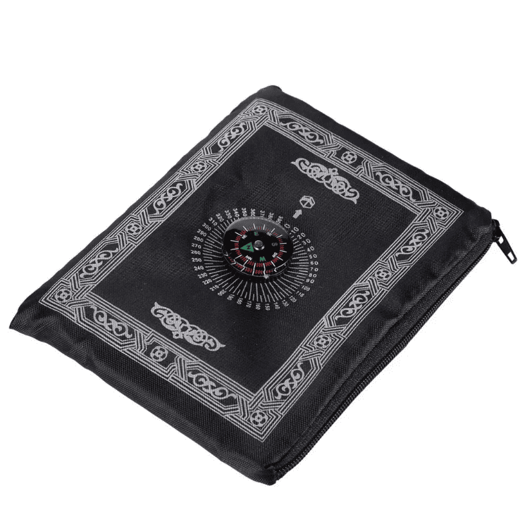 tapis de prière noir compact avec boussole intégrée et design islamique minimaliste