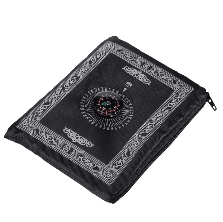 tapis de prière noir compact avec boussole intégrée et design islamique minimaliste