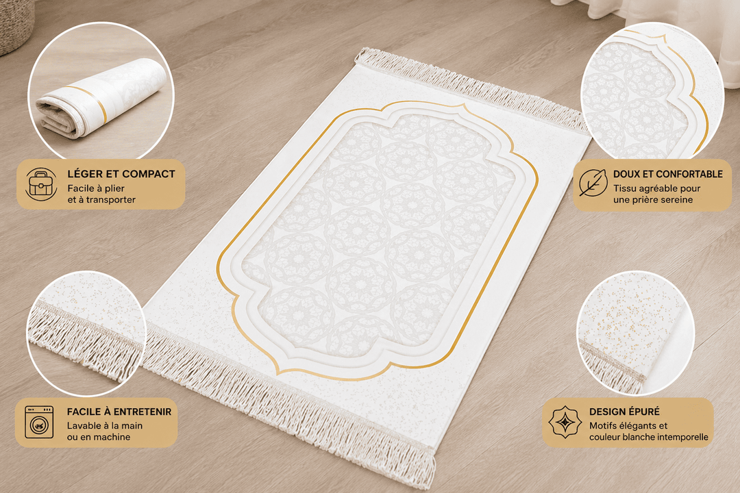 tapis de prière blanc léger confortable lavable design épuré caractéristiques produit islamique