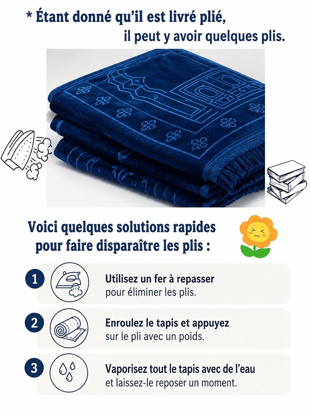 tapis de prière bleu doux et confortable avec mousse intérieure et surface moelleuse