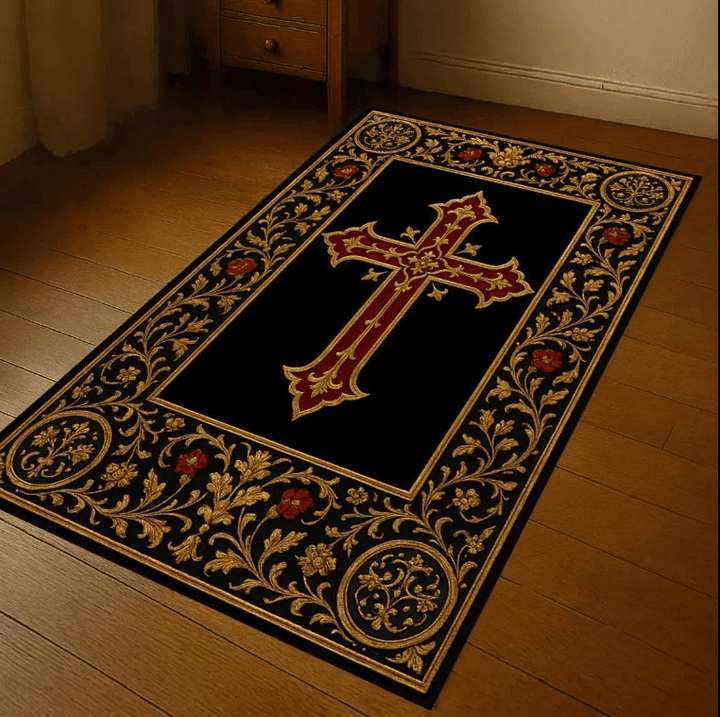 Tapis de prière chrétienne noir avec grande croix dorée et motifs religieux élégants