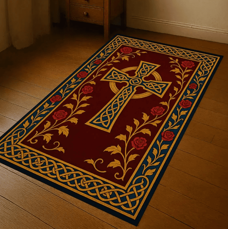 Tapis de prière chrétienne rouge avec croix centrale et finitions décoratives raffinées