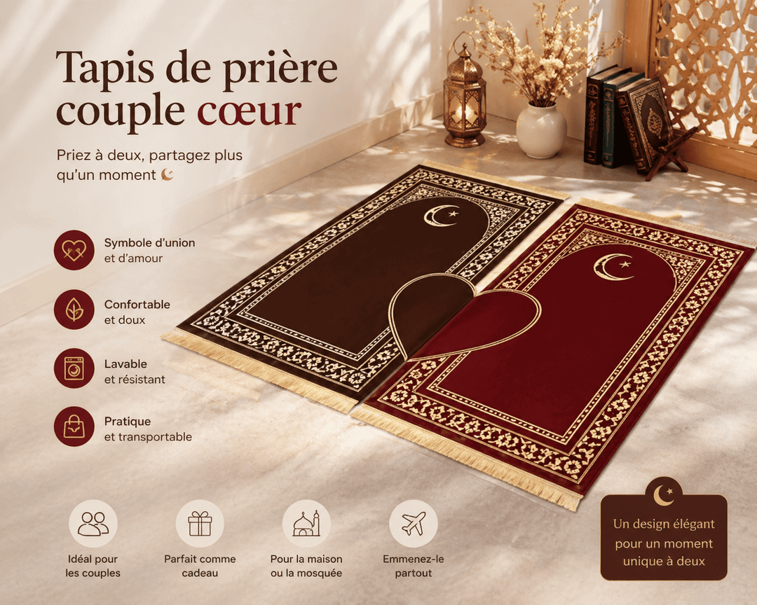tapis de prière couple cœur confortable lavable design élégant symbole amour tapis de salat duo pratique