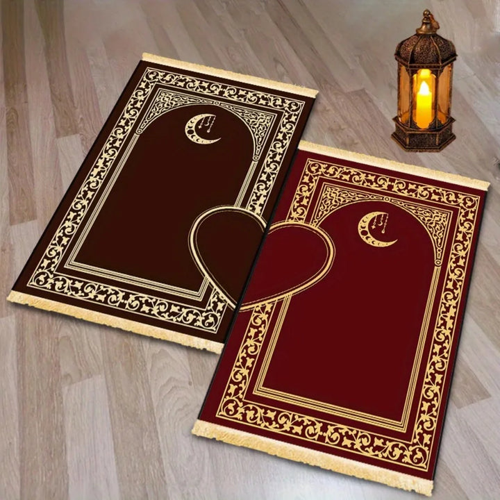 tapis de prière couple cœur détail motif islamique finition dorée tapis duo rouge marron élégant