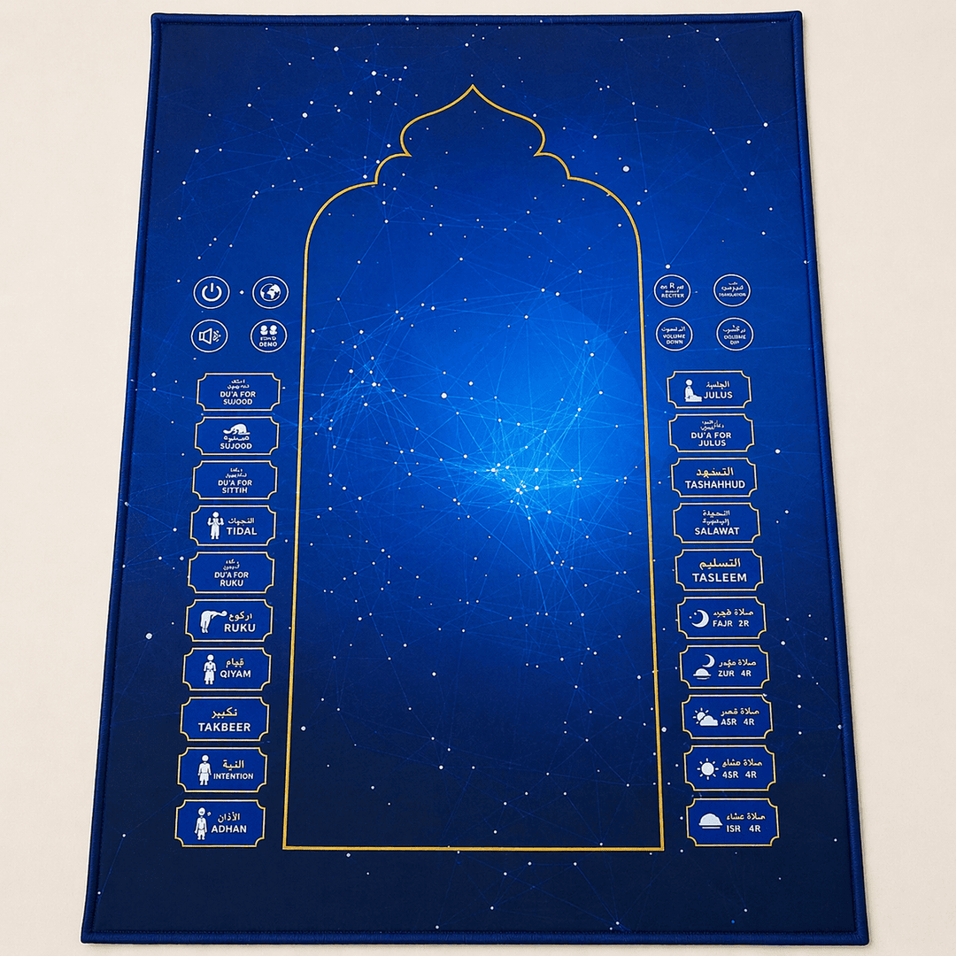 tapis de prière électronique adulte bleu avec capteurs et guidage vocal pour apprendre la salat