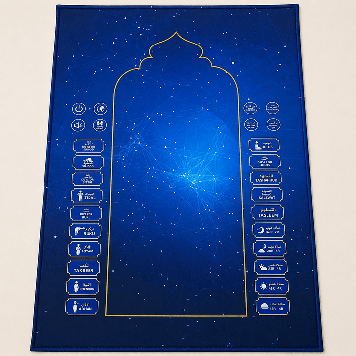 tapis de prière électronique adulte bleu avec capteurs et guidage vocal pour apprendre la salat