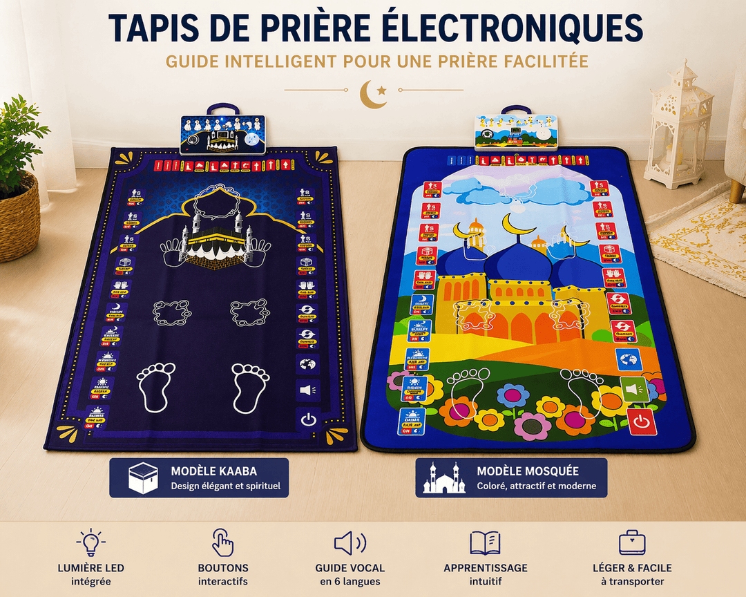 Comparatif de tapis de prière électronique enfant avec différentes couleurs et fonctionnalités interactives éducatives