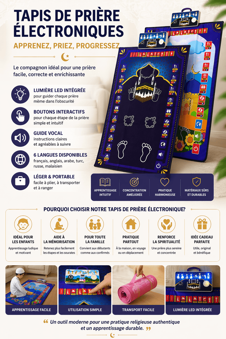 Fonctionnalités du tapis de prière électronique enfant avec guide vocal, LED et apprentissage interactif étape par étape