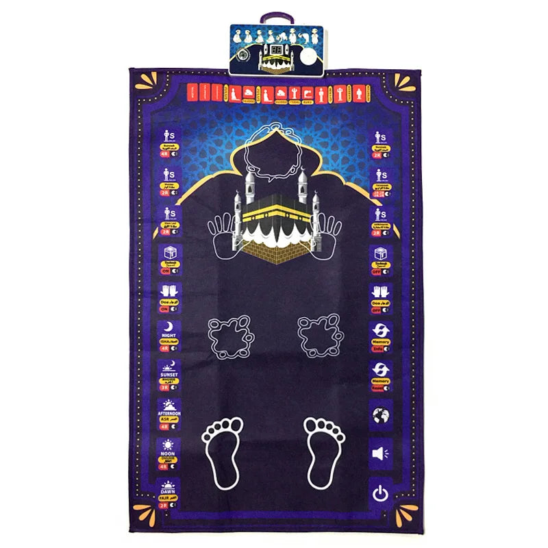 Tapis de prière électronique enfant avec motif Kaaba, guide vocal et zones interactives pour apprentissage étape par étape
