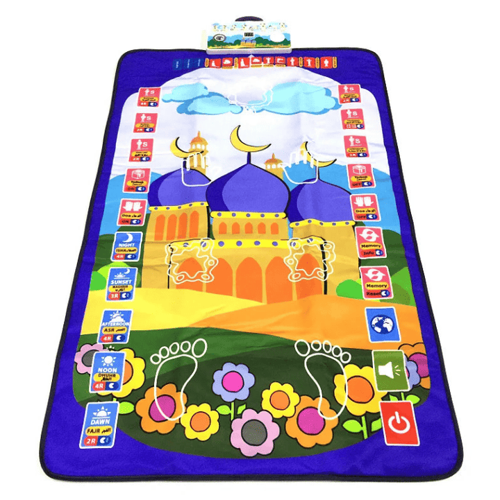 Tapis de prière enfant ludique et éducatif avec couleurs vives, boutons interactifs et apprentissage facile de la prière