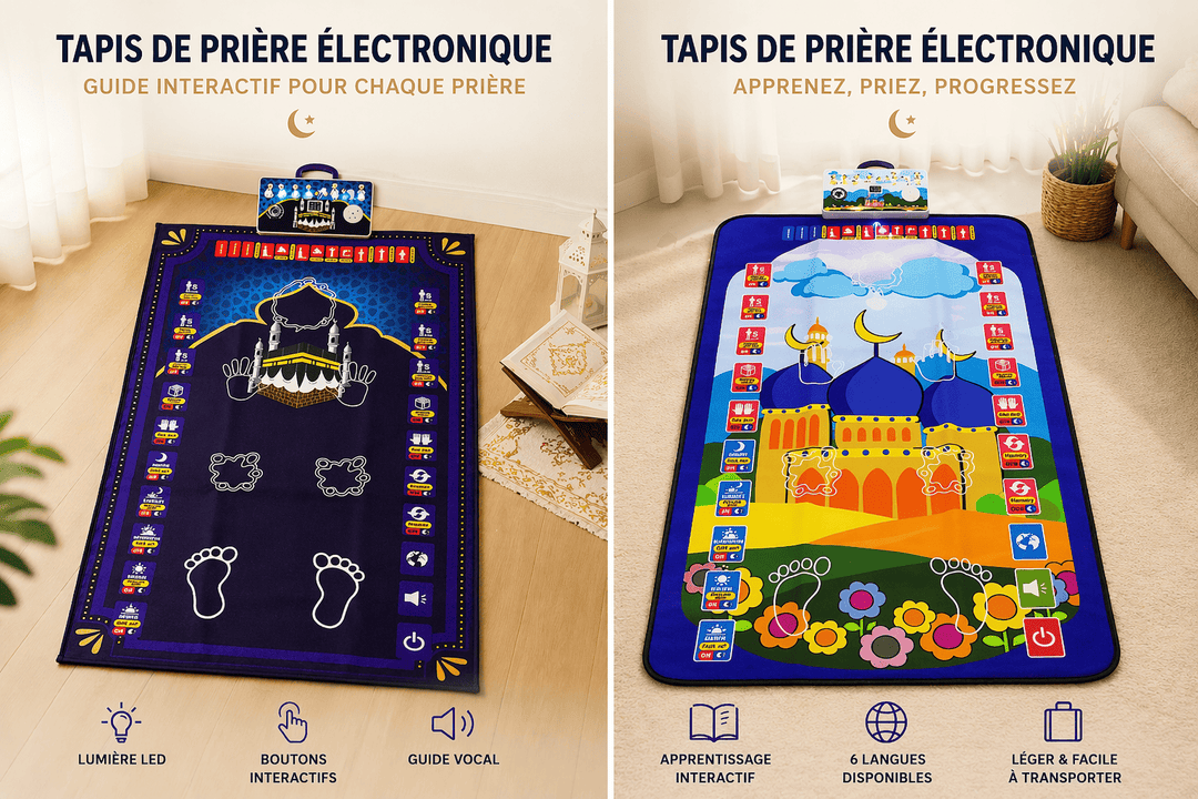 Tapis de prière électronique enfant avec accessoires et présentation complète du produit éducatif interactif