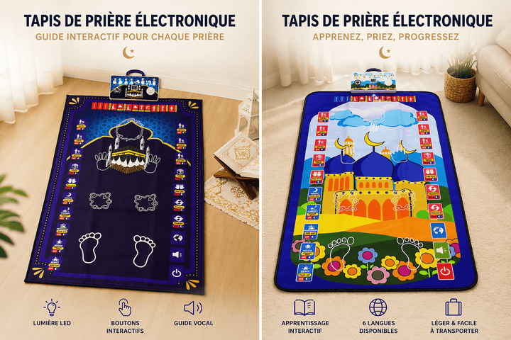 Tapis de prière électronique enfant avec accessoires et présentation complète du produit éducatif interactif