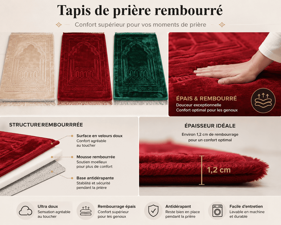 Tapis de prière rembourré épais avec finition velours douce et confort optimal pour la prière quotidienne