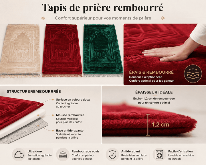 Tapis de prière rembourré épais avec finition velours douce et confort optimal pour la prière quotidienne