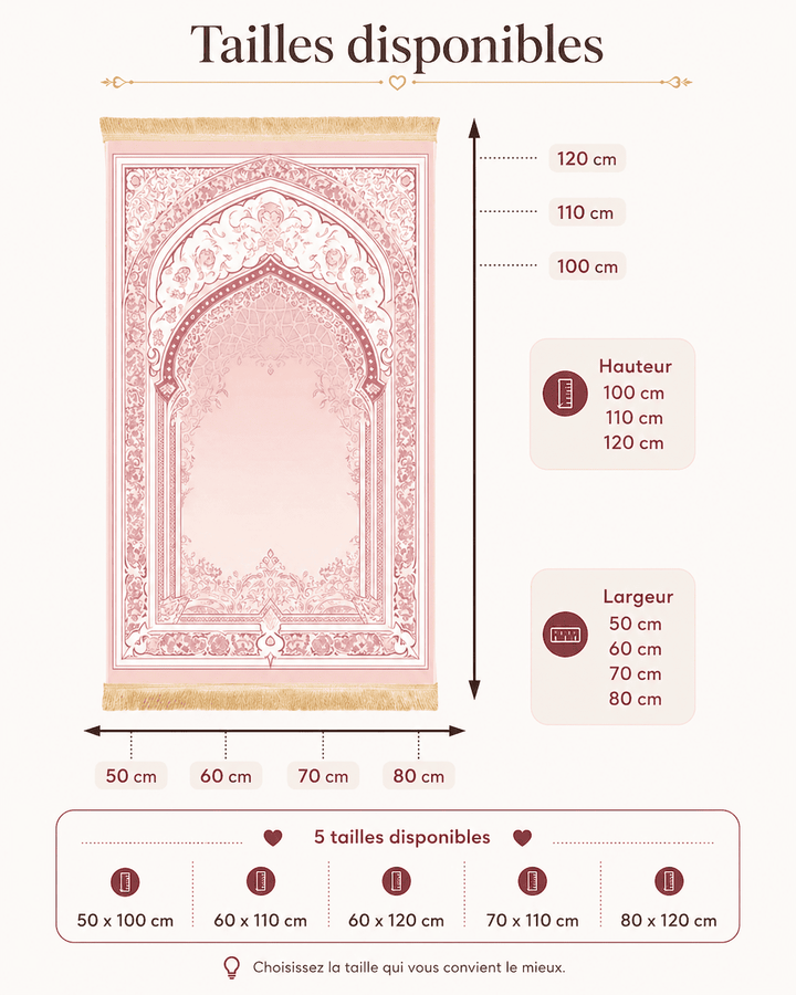 tapis de prière femme rose différentes tailles disponibles dimensions produit tapis de salat adulte pratique