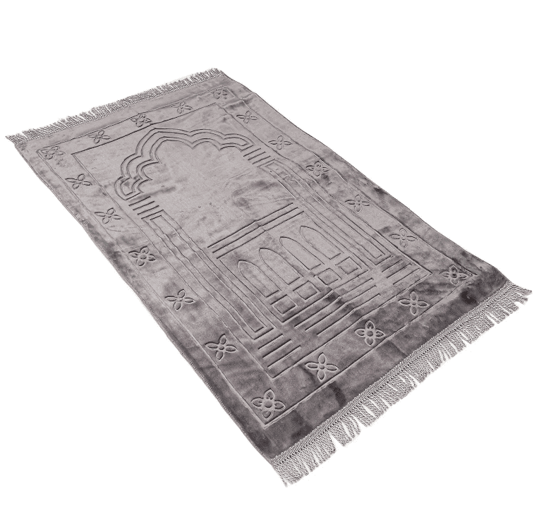 Tapis de prière gris moderne doux et lavable avec finition élégante et confort optimal