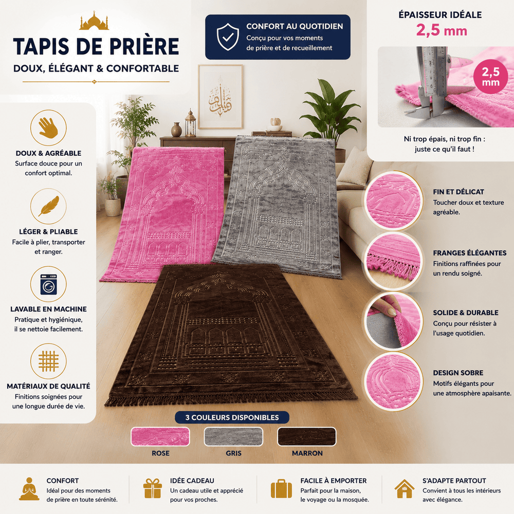 Tapis de prière fin lavable en machine pliable léger et facile à transporter pour utilisation quotidienne