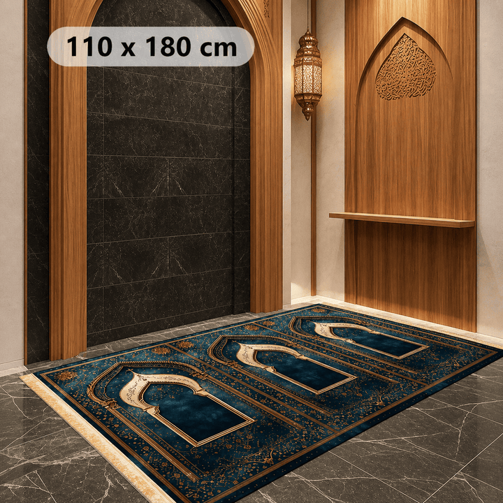 tapis de prière homme 110x180 cm taille moyenne motif islamique bleu doré