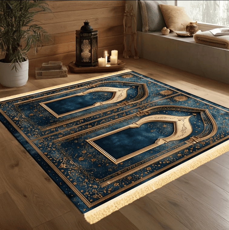 tapis de prière homme design oriental bleu et or avec motifs arches islamiques