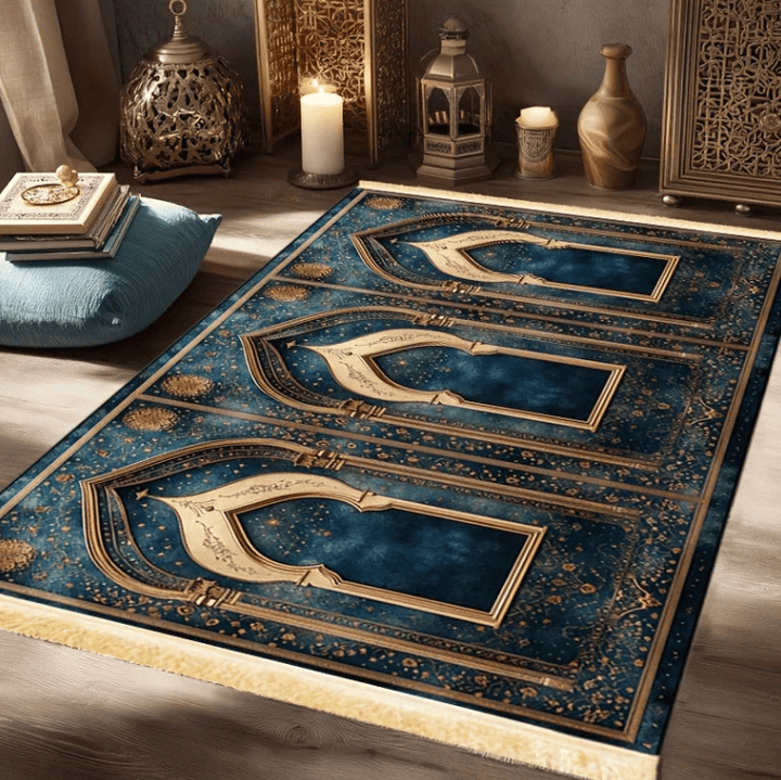 tapis de prière homme 3 places motif arches bleu et doré dans salon moderne