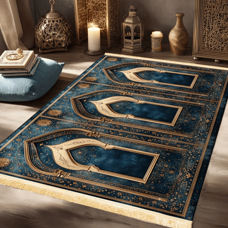 tapis de prière homme 3 places motif arches bleu et doré dans salon moderne