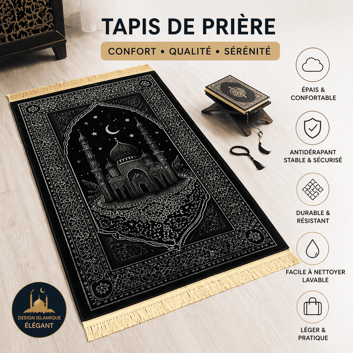tapis de prière luxe noir design islamique épais et confortable adulte antidérapant posé au sol avec décoration élégante