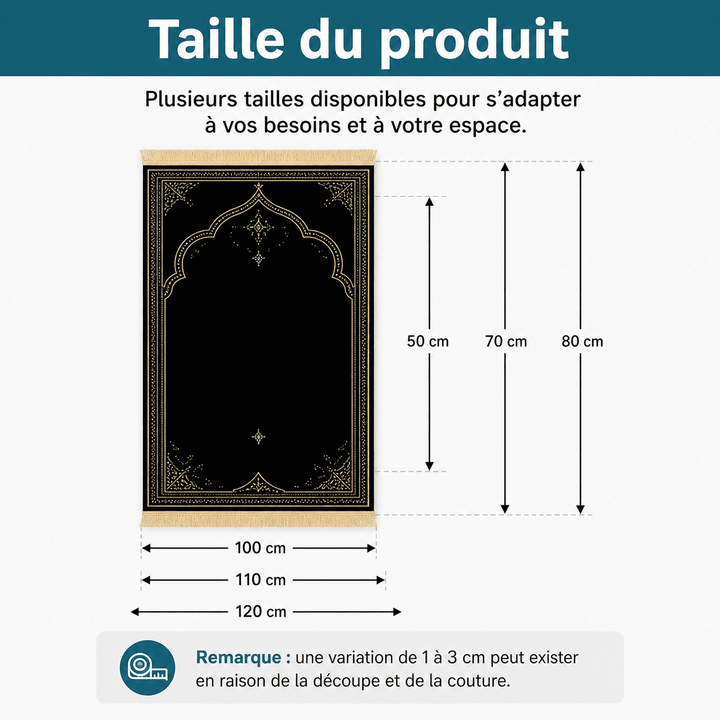 dimensions tapis de prière noir homme tailles disponibles 50x100 70x110 80x120 cm adapté à différents besoins